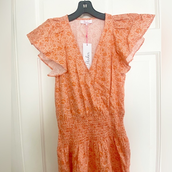 NWT Parker Floral Tangerine and Peach Smocked Tiered V Neck Dress - Picture 4 of 8